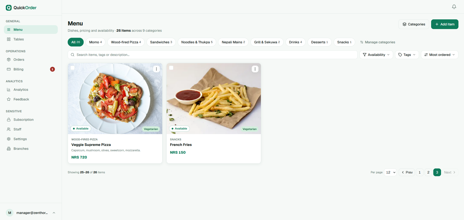 QuickOrder menu management on desktop